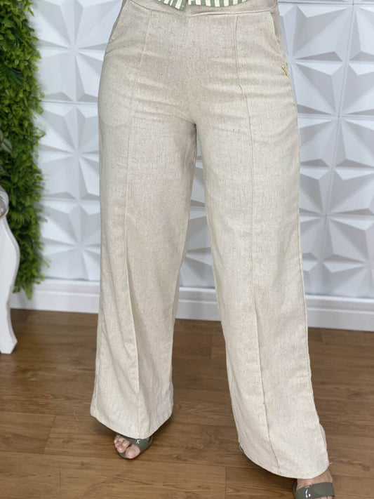Calça Pantalona com Lastex em Linho