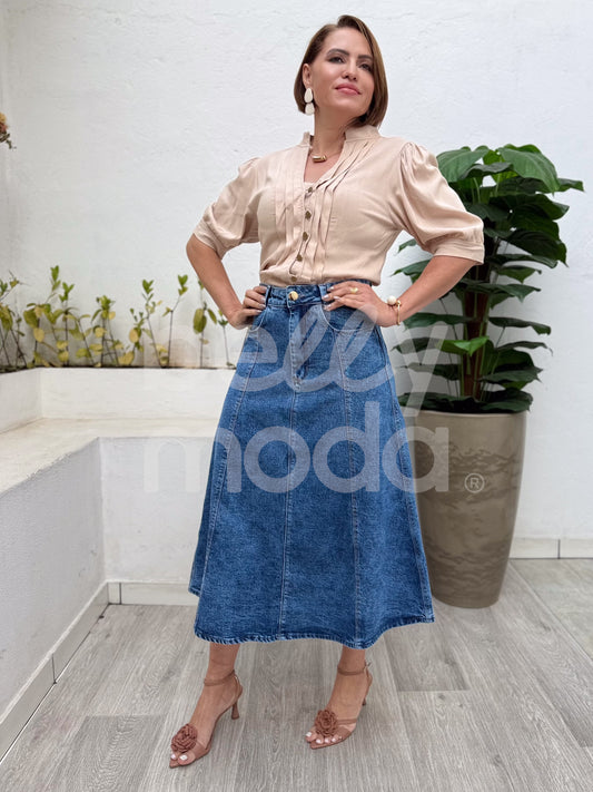 Saia Longa Jeans Evasê com Recortes e Bolsos Casual Moderna