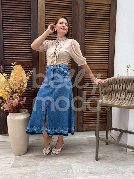 Saia Longa Jeans com Fenda Frontal Casual Moderna