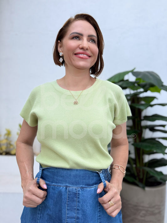Blusa Estela Lisa em Tricô Mouse Manga Ampla Casual Elegante