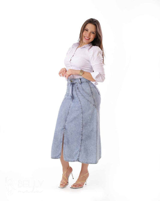 Saia Jeans Evasê Recortes