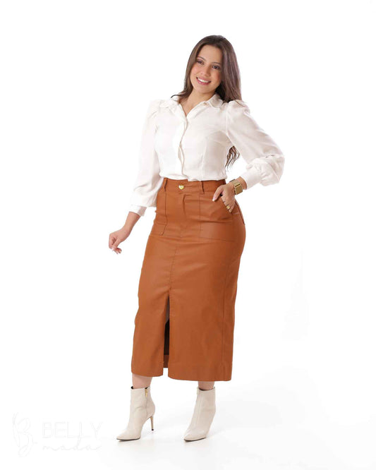 Saia Midi Collor Resinada Caramelo