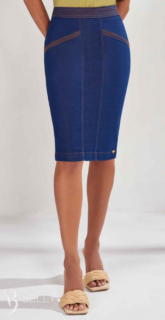 Saia Reta Jeans com Detalhe de Costura