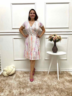 Vestido Estampadao Canelado Laço de Rolite