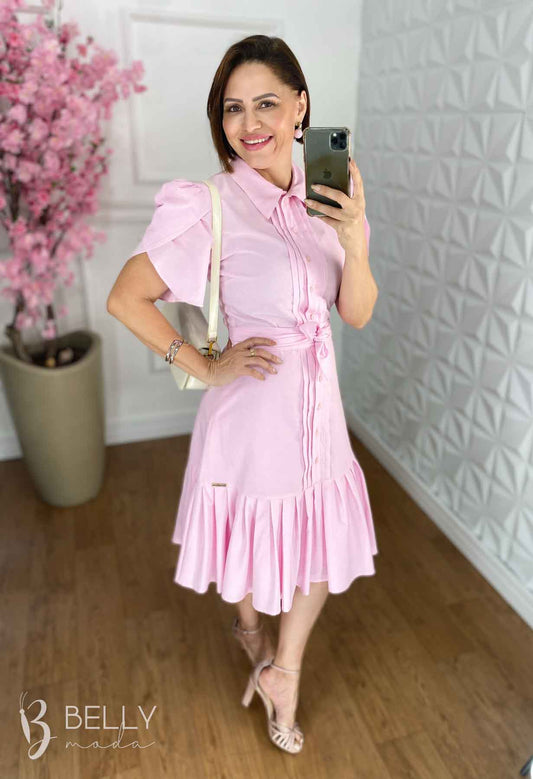 Vestido Evasê Tricoline Rosa com Pregas