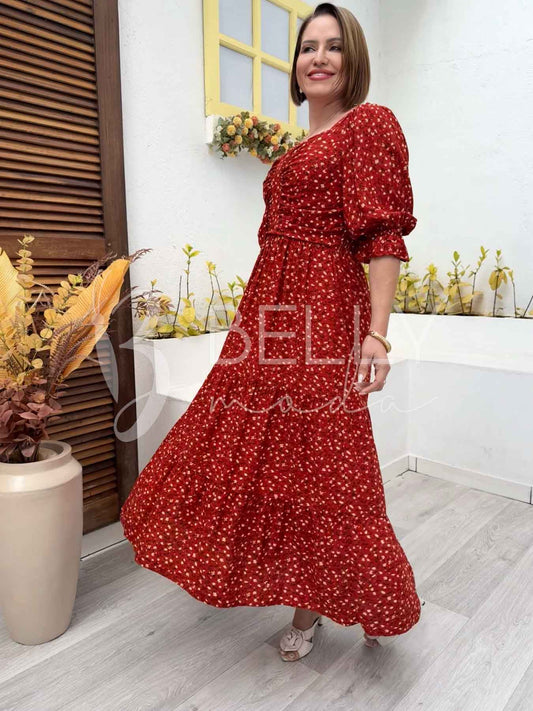 Vestido Midi Martina Liso em Viscose Casual Romântico