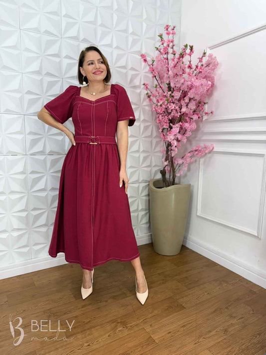 Vestido Midi Simony Liso em Tecido Marrante Casual Elegante