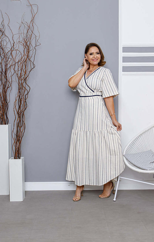 Vestido Tecido Plano Listrado