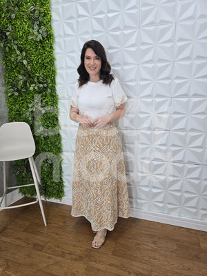 Saia Midi Laura Laise Crochê em Algodão Casual Elegante