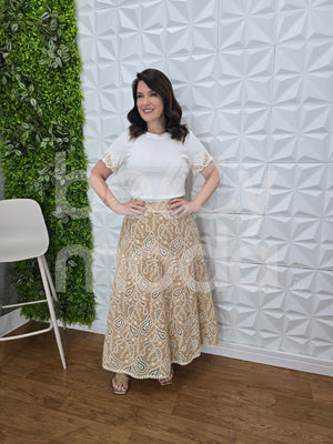 Saia Midi Laura Laise Crochê em Algodão Casual Elegante