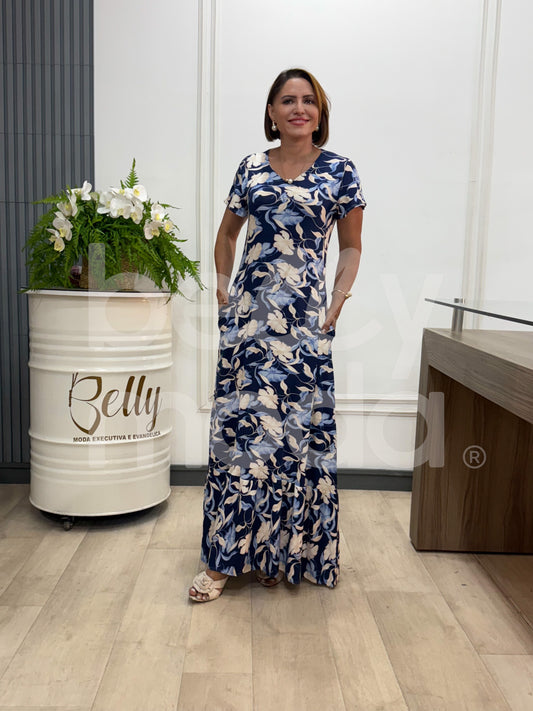 Vestido Longo Bruna Estampado em Malha Viscolycra Casual e Elegante