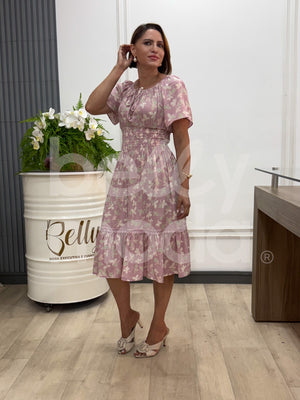 Vestido Midi Dayane Ciganinha Babado em Viscolinho Casual Elegante