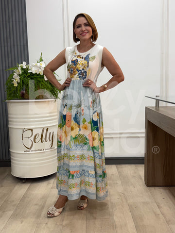 Vestido Longo Amar Tropical em Viscolinho e Malha Casual Elegante