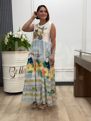 Vestido Longo Amar Tropical em Viscolinho e Malha Casual Elegante