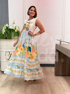 Vestido Longo Amar Tropical em Viscolinho e Malha Casual Elegante