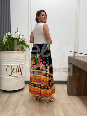 Vestido Longo Amar Tropical em Viscolinho e Malha Casual Elegante