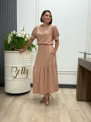 Conjunto Denise Liso em Viscolinho Manga Curta Casual Elegante