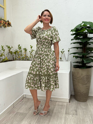 Vestido Midi Dayane Ciganinha Babado em Viscolinho Casual Elegante