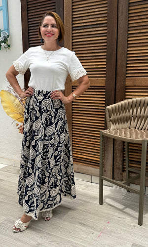 Saia Midi Laura Laise Crochê em Algodão Casual Elegante