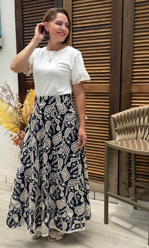 Saia Midi Laura Laise Crochê em Algodão Casual Elegante