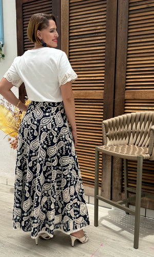 Saia Midi Laura Laise Crochê em Algodão Casual Elegante