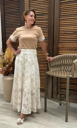 Saia Midi Laura Laise Crochê em Algodão Casual Elegante