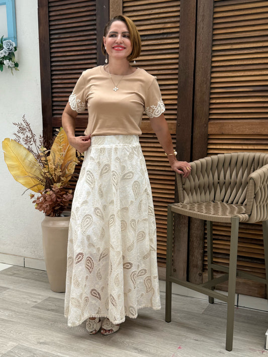Saia Midi Laura Laise Crochê em Algodão Casual Elegante