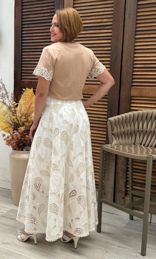 Saia Midi Laura Laise Crochê em Algodão Casual Elegante