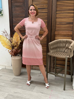 Vestido Midi Miranda Listrado Candy Color em Malha Venetia Casual Elegante