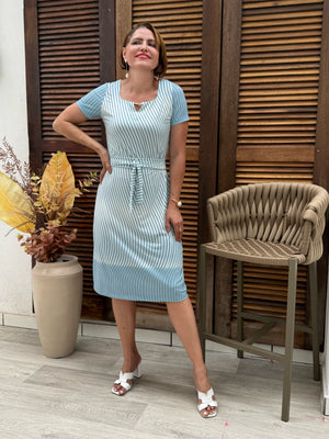 Vestido Midi Miranda Listrado Candy Color em Malha Venetia Casual Elegante