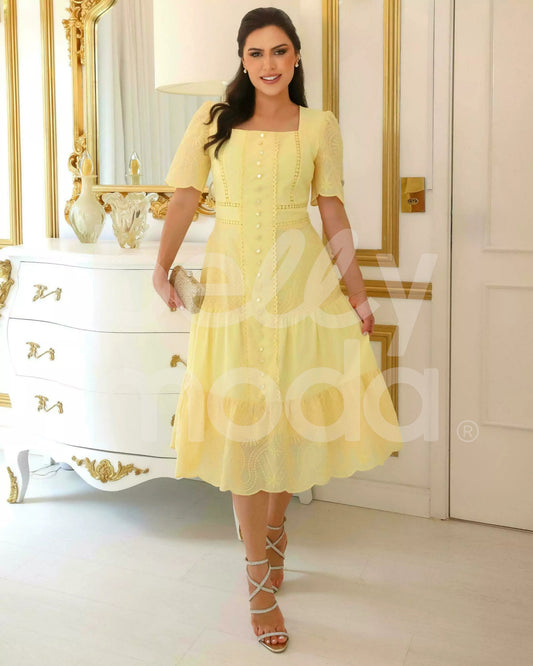 Vestido Midi Diana Bordado em Algodão Casual Elegante