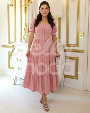 Vestido Midi Bella Liso em Viscose Poliéster Casual Elegante