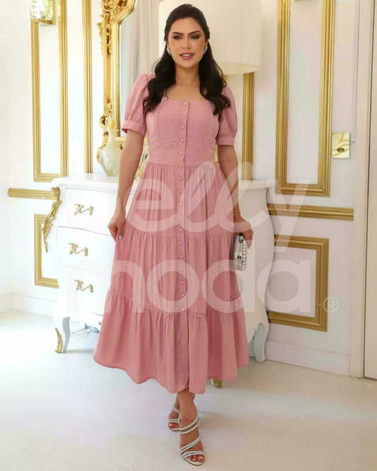 Vestido Midi Bella Liso em Viscose Poliéster Casual Elegante