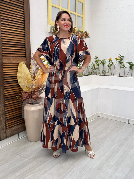 Conjunto Flora Estampa Verão em Malha Viscolycra Casual e Confortável