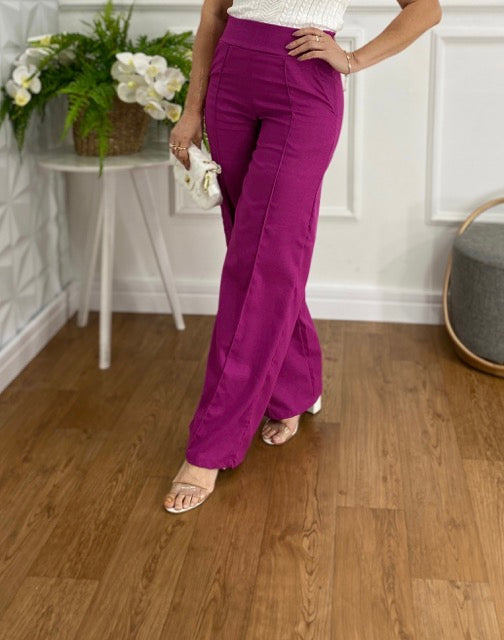 Calça Pantalona com Lastex em Linho