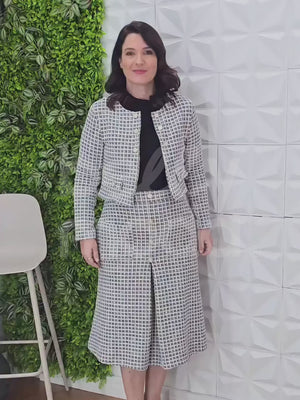 Conjunto Midi Beatriz Xadrez em Malha Tweed Casual Elegante