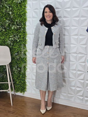 Conjunto Midi Beatriz Xadrez em Malha Tweed Casual Elegante