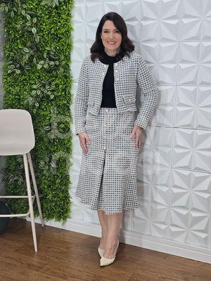 Conjunto Midi Beatriz Xadrez em Malha Tweed Casual Elegante
