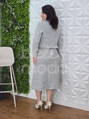 Conjunto Midi Beatriz Xadrez em Malha Tweed Casual Elegante