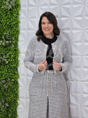 Conjunto Midi Beatriz Xadrez em Malha Tweed Casual Elegante