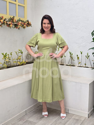 Vestido Midi Adélia Liso em Viscose Sarjada Casual e Elegante