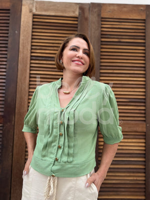 Blusa Charlote Lisa em Linho com Elastano Casual e Sofisticada