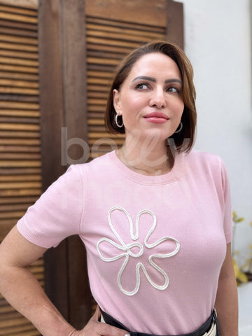 Blusa Iris Bordado Floral em Tricô Mouse Casual e Elegante