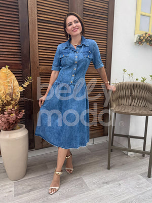 Vestido Midi Jeans com Gola Camisa em Algodão Casual Elegante