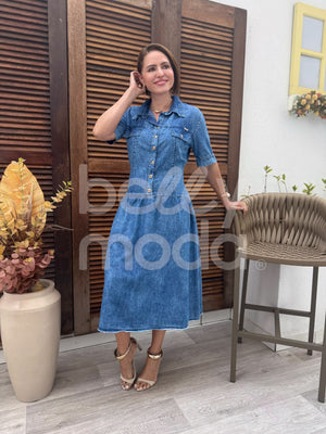 Vestido Midi Jeans com Gola Camisa em Algodão Casual Elegante