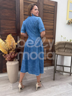 Vestido Midi Jeans com Gola Camisa em Algodão Casual Elegante