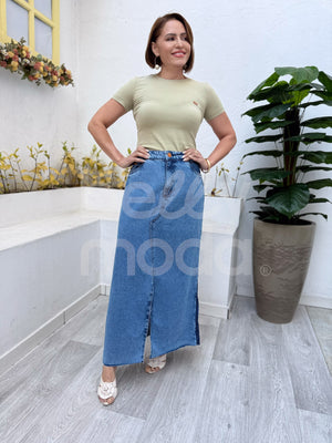 Saia Titanium Jeans Semi Evasê com Abertura 95cm