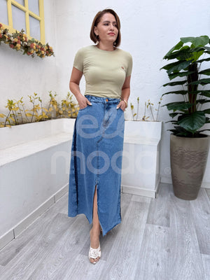 Saia Titanium Jeans Semi Evasê com Abertura 95cm
