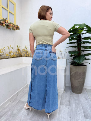 Saia Titanium Jeans Semi Evasê com Abertura 95cm