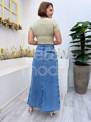 Saia Titanium Jeans Semi Evasê com Abertura 95cm